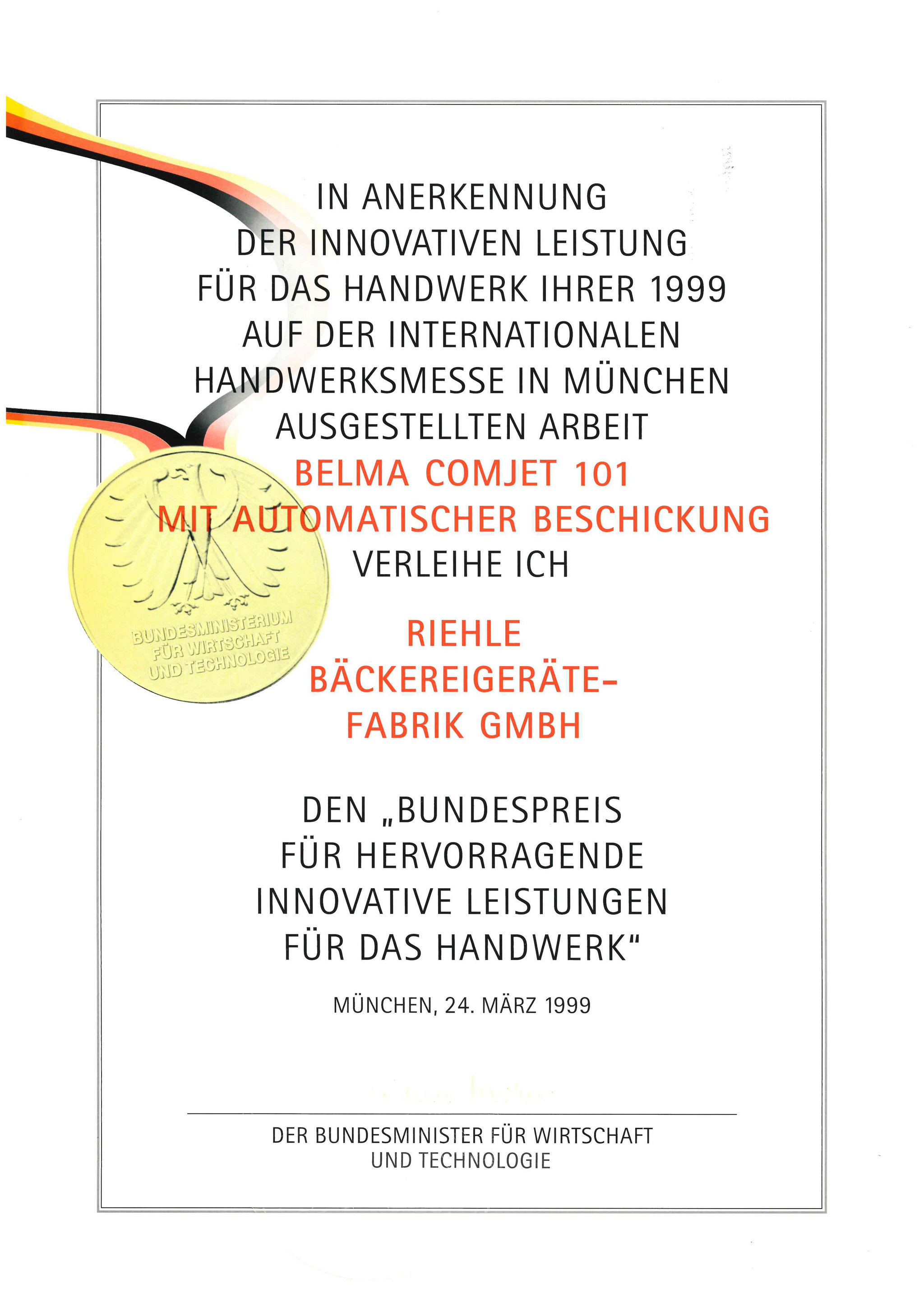 Bundespreis f&uuml;r hervorragende innovatorische Leistungen f&uuml;r das Handwerk